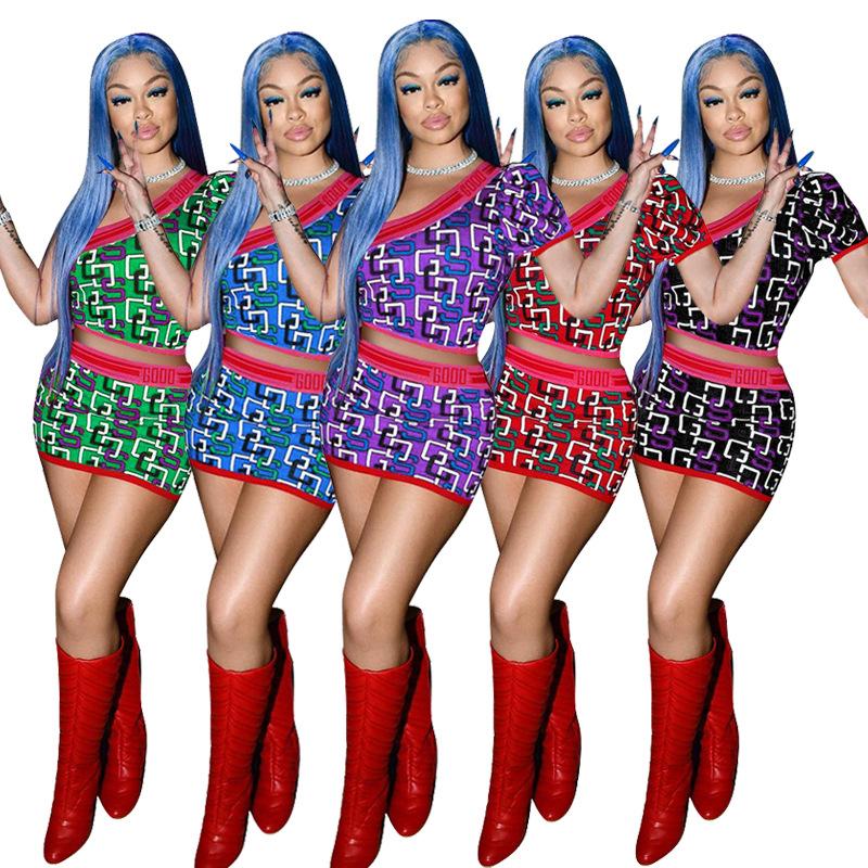 

Cross-border Foreign Trade Women's Short-sleeved Short Skirt Digital Printing Personality Fashion Graffiti Two-piece Suit Tracksuits, Gray