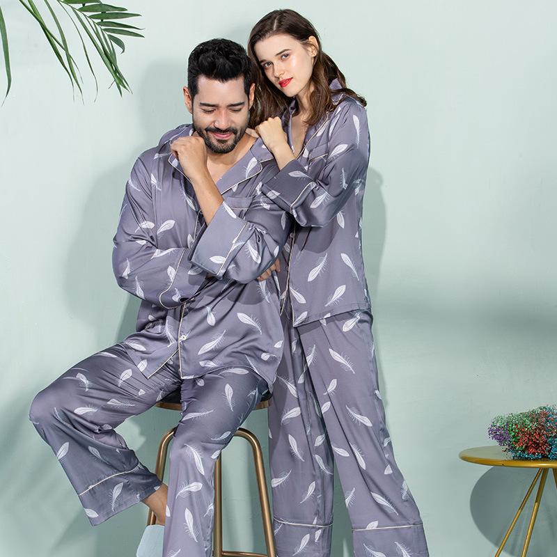 

Men's Sleepwear Couple Silk Pajamas Thin Long-sleeved Sexy Printed Suit Casual Home Service Two-piece Men