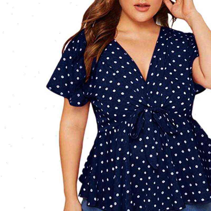 

35 womens blouses and plus size shirt v neck short sleeve polka dot knot blouse, White