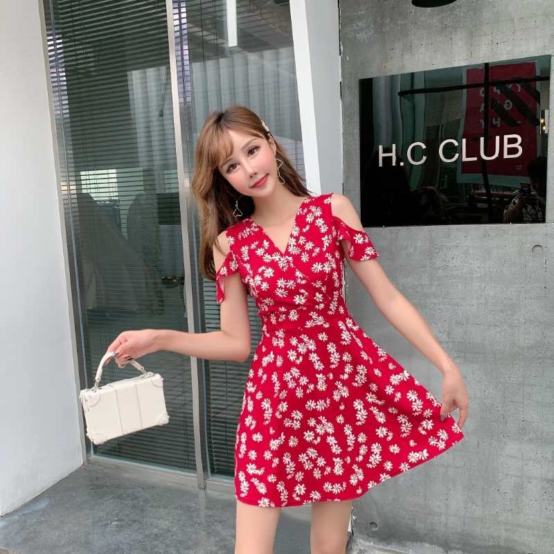

summer floral dres's self-cultivation waist slim thin short sleeve leak shoulder temperament 210603, Red