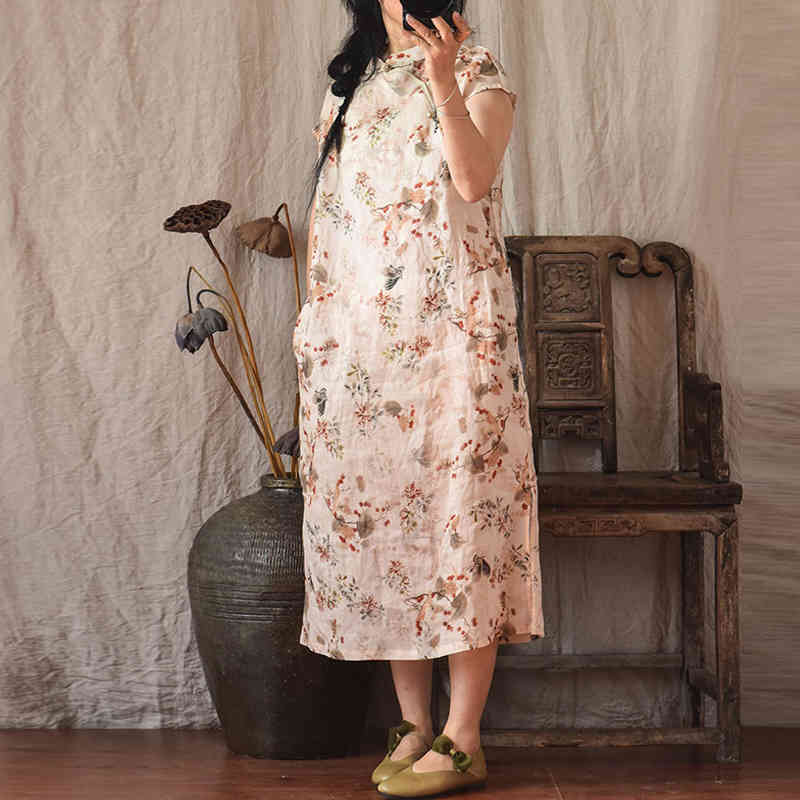 

Johnature Women Chinese Style Slim Dresses Ramie Print Floral High Quality Stand Short Sleeve Summer Vintage Cheongsam 210521, Beige yellow