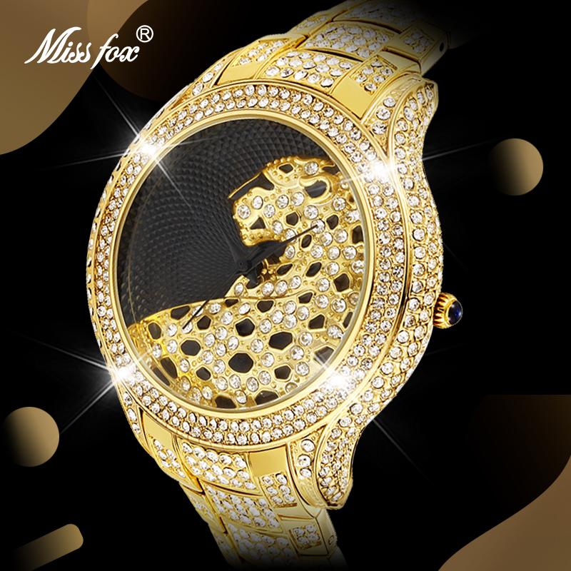 

Wristwatches MISSFOX Men Watch Gold Bracelet Black Dial Bling Diamond Leopard Male Watches Waterproof Couple Dropshiping, V223-s