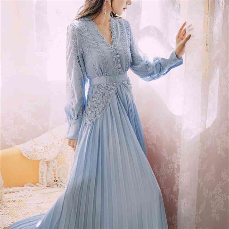 

Vintage Blue Lace Maxi Dresses Woman V-neck Party Evening Vestidos High Waisted Runway Pleated Long Autumn 210603, Brown