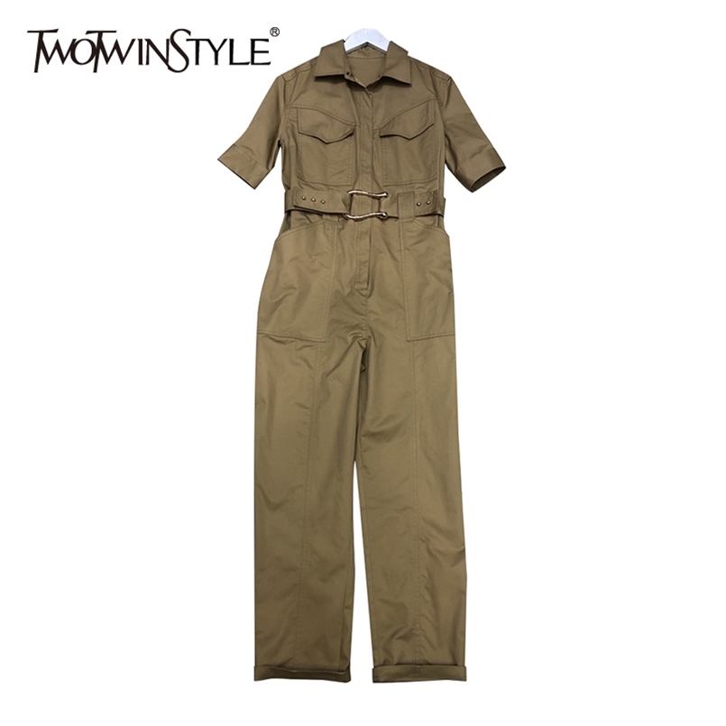 

Casual Solid Jumpsuit For Women Lapel Short Sleeve High Waist Sashes Full Length Loose Jumpsuits Female Summer 210521, Green