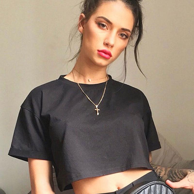 

Women' T-Shirt Summer Street Trend Girl Foundation Loose Show Thin Crop Bottom Coat, Many Pure Color Comfortable Cotton Material, Black
