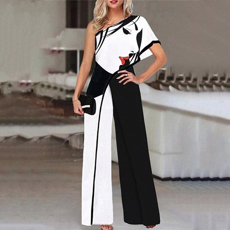 

women's Casual Streetwear Street Evening Party One Shoulder High Waist Blue White Black Jumpsuit Floral Print 95Dh#