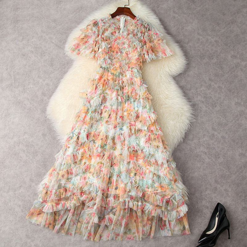 

2021 Summer Short Sleeve V Neck Multicolor Floral Print Tulle Tiered Panelled Long Maxi Dress Elegant Casual Bohemian Dresses 21W1712240, Multi