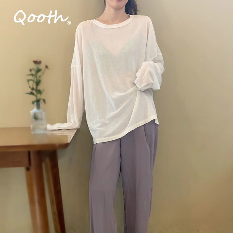 

Qooth Solid Causal Long-sleeved Shirt Womens Summer Loose Thin T-shirt All-match O-Neck Straight Mid-Length T-shirt Tops QT636 210518, White