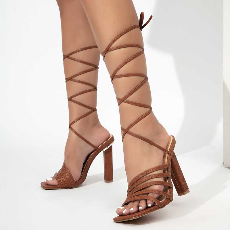 

Dress Shoes Roman Retro Cross Strap Lace-up High Heel Sandals For Women Multi Colors Summer Open Square Toe, Black
