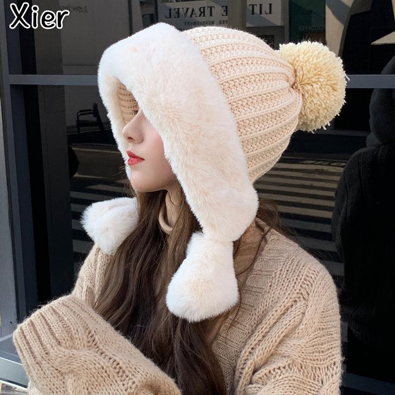 

Berets Fashion Winter Women's Knitted Beanie, Warm Ear Cap, Casual Plush Solid Color Plus Velvet Cold-proof Cotton Hat, Black
