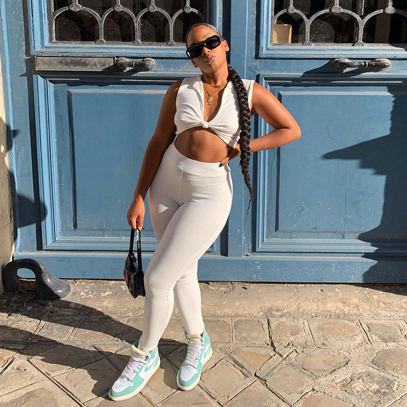 

sporty active wear workout casual matching sets women v neck sleeveless bodycon crop and leggings two piece outfits, White