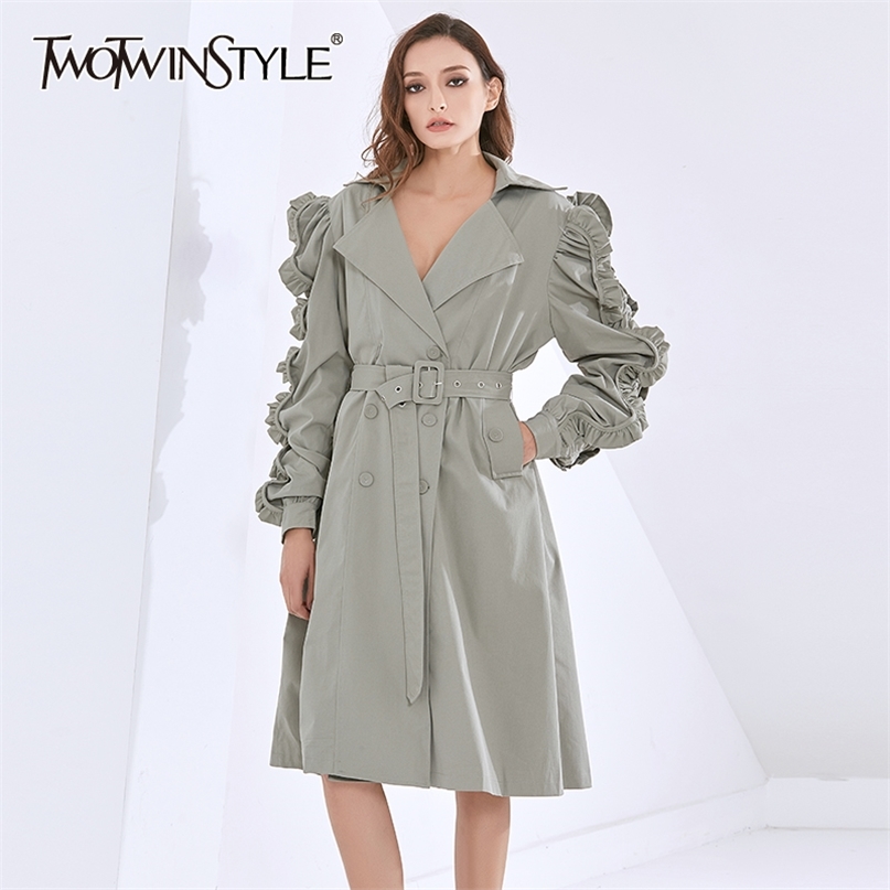 

Casual Windbreaker For Women Lapel Long Sleeve High Waist Patchwork Ruffle Ruched Sashes Black Coat Female 210520, Green