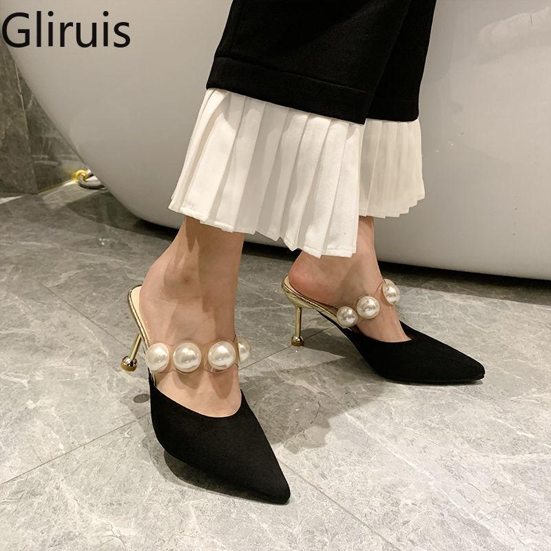 

Slippers Women Shoes Thin Heels Pu Cover Toe Ladies' Luxury Slides Slipers Shallow High Heeled Mules Pointed Designer, 8cmbeige
