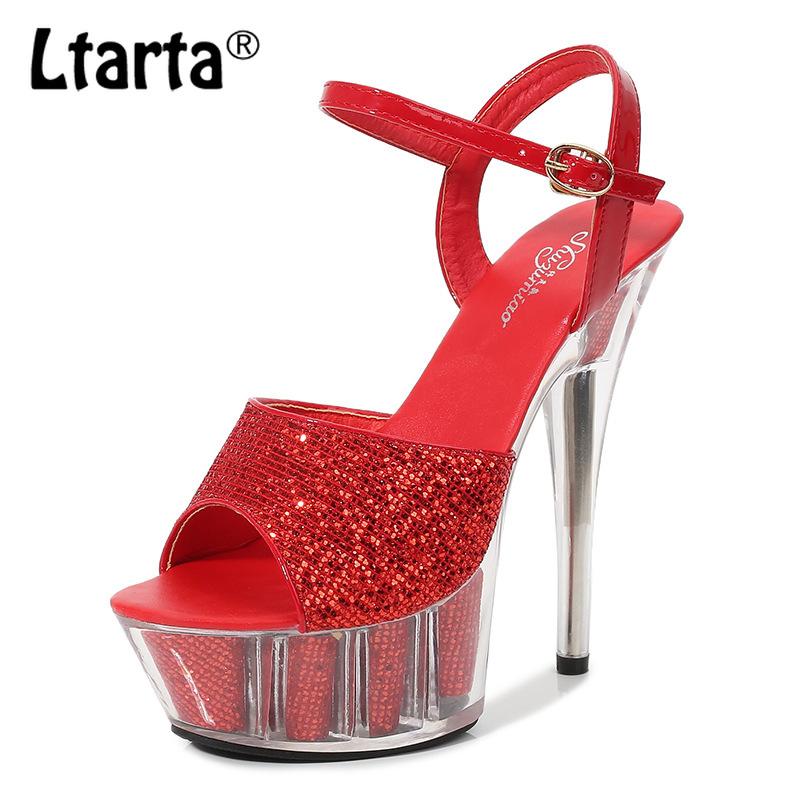 

Sandals LTARTA Women Sexy Fish Toe Heels Super High Nightclub Shoes Catwalk Pole Dancing Crystal Platform LFD, Black
