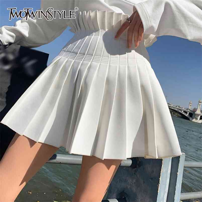 

White Preppy Style Pleated Skirt For Women High Waist Patchwork Zipper A Line Mini Skirts Female Summer Fashion 210521