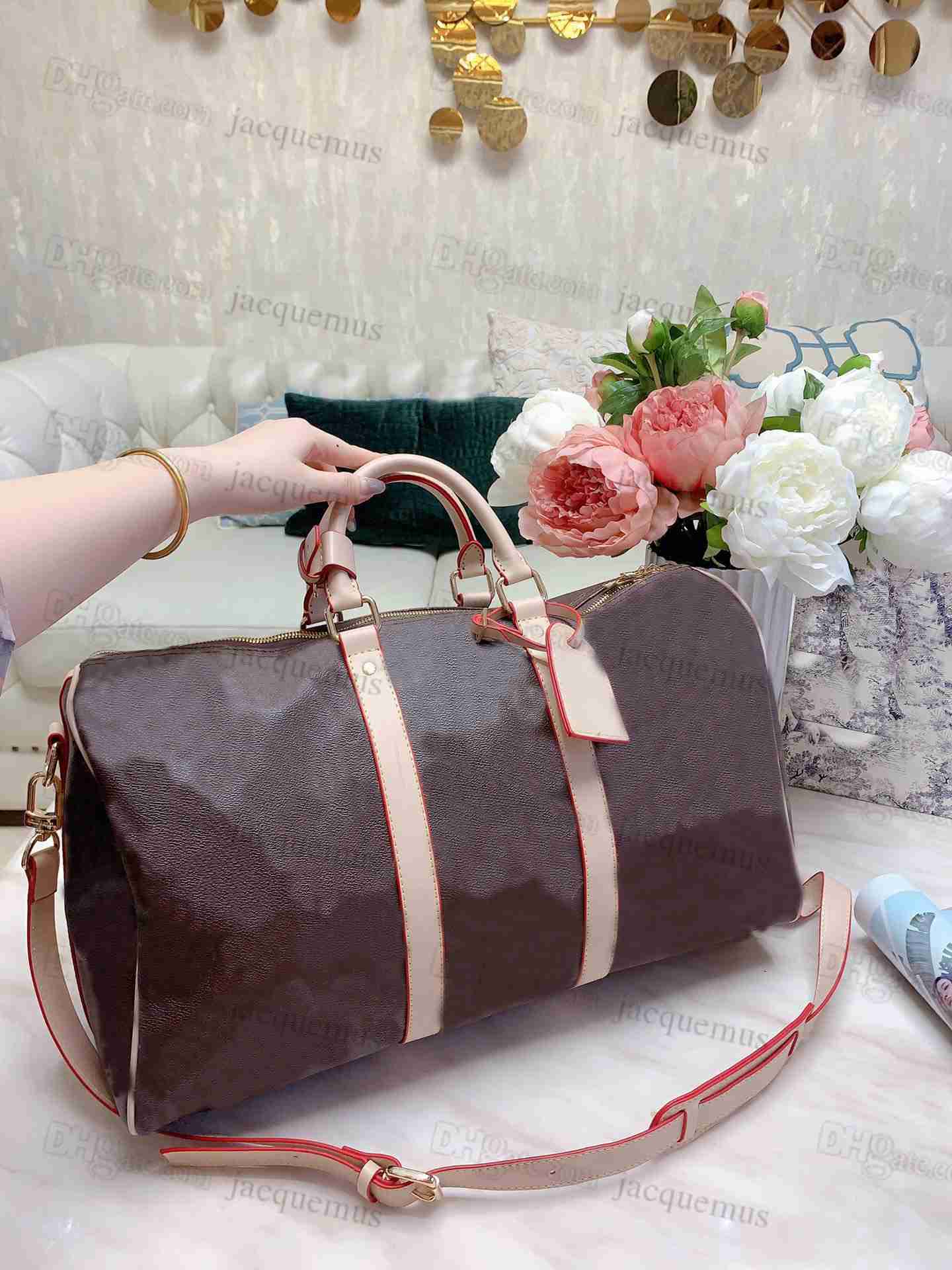 

overnight bag black brown plaid flower white designers Bags 55 50 45 handbag keepall Travels purse keep all geninue leather patter3638202, 1 brown flower