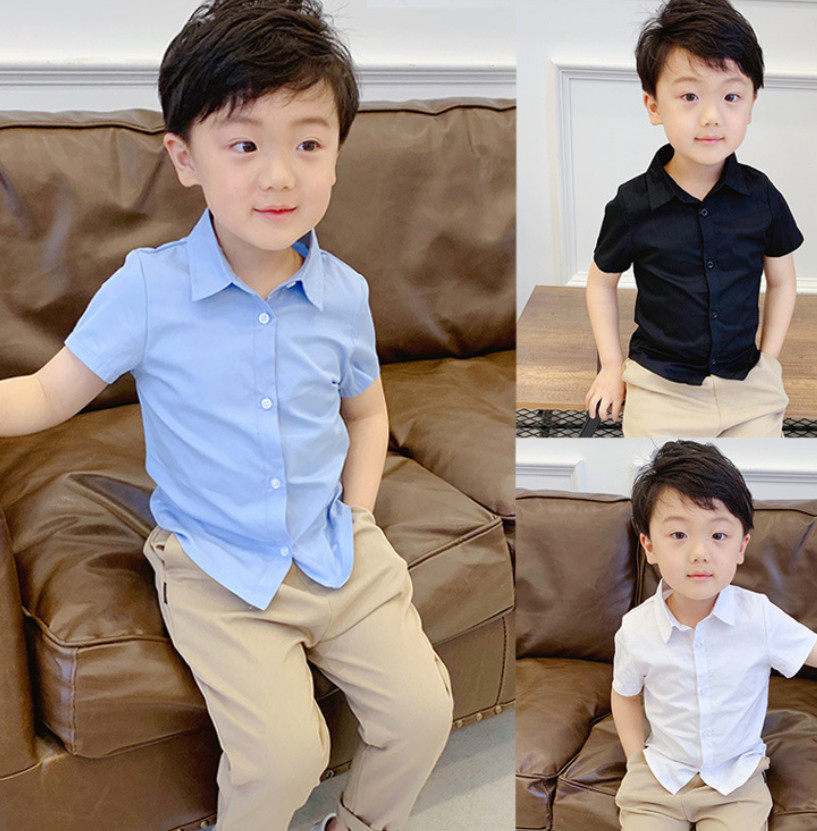 

Summer Boys Short Sleeve Shirts Kids Lapel Pure Color Tops Children all-match cotton shirt white blue black A7134