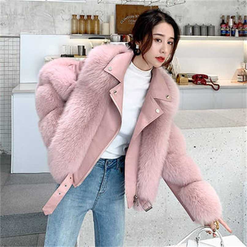 

Women Faux Fur Coat with Fox Fur Winter Fashion Motocycle Style Luxury Fox Fur Leather Jackets Woman Trendy Overcoats 211018, White