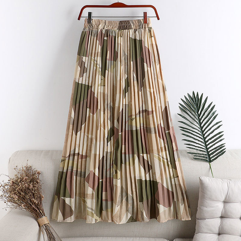

Skirts Summer Women Chiffon Long Skirt Vintage Solid A-line Pleated Elastic Waist Print Jupe Femme Saia Falda Mujer GFLR, Color 1