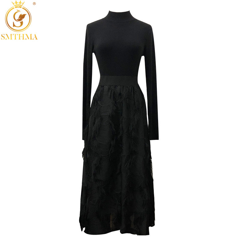 

Elegant Women Knit Set Spring Half Turtleneck Full Sleeve Black Sweater Pullover+Elastic Waist Tassels Long Skirt Suit 210520, Photo color