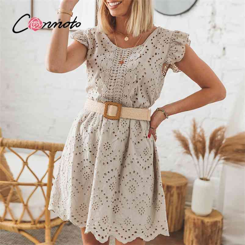 

Conmoto Casual Solid Cotton High Waist Dress Ruffled Hollow Stitching A-line Office Lady Sleeveless Summer Woman 210701, Green