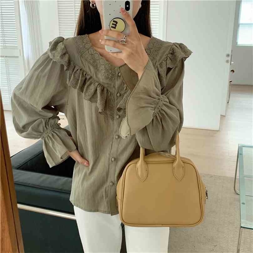 

Green Women Chic V-Neck Blouse Solid Loose Gentle Shirts Lace Spring Casual Retro Streetwear Tops 210525, Photo color