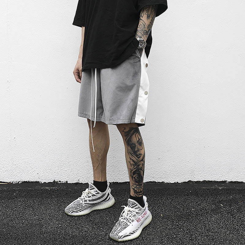 

Button Striped Pockets Fleece Casual Shorts Mens Harajuku Drawstring Loose Summer Track Shorts Oversize Hip Hop Five Point Pants, Black