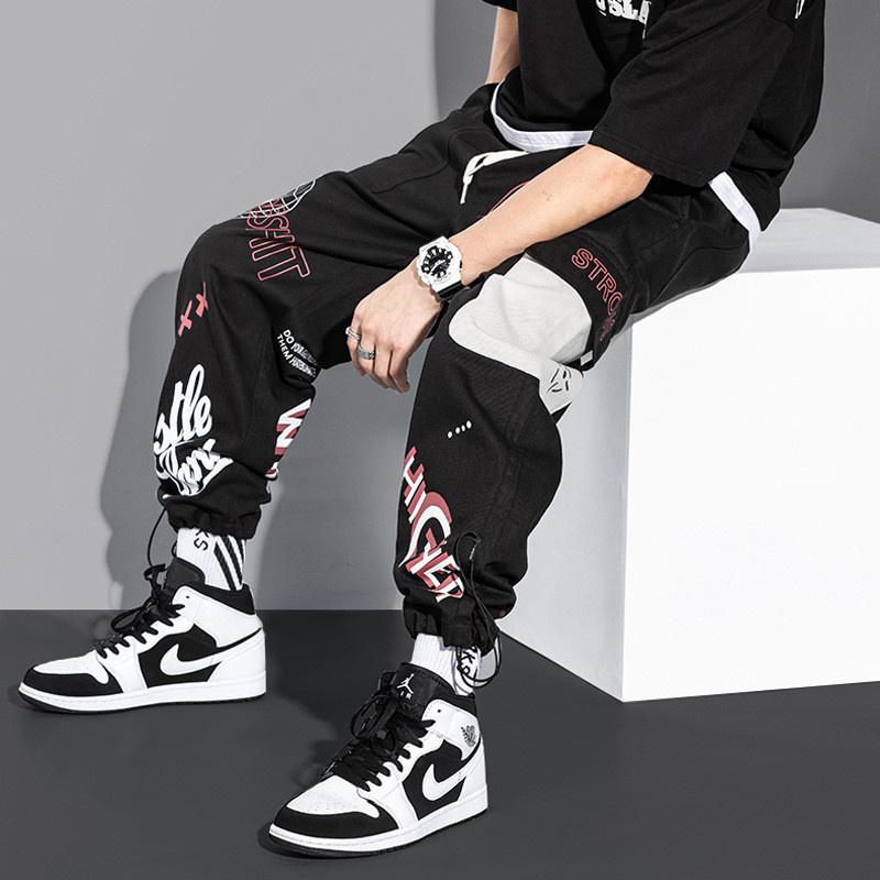

Men's Pants 2022 Sports Loose Training Fittness Trousers Hip- Fashion Casual Printing Cropped Cargo, Black