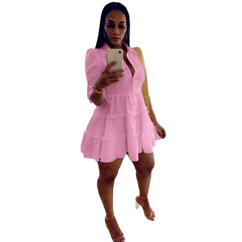 

Summer Sexy Turndown Collar Dress Chiffon White Mini Loose Casual T Shirt Dress Plus Size Women Clothing -3xl, Pink