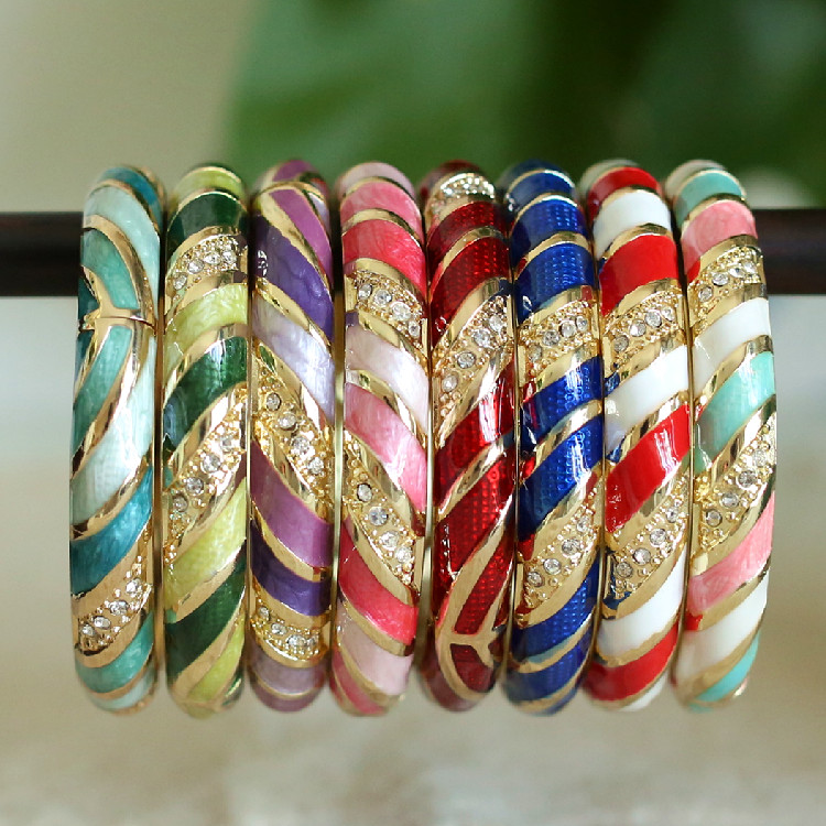 

Enamel Colorful Stripe Women Rhinestone Bangle Jewelry Chinese Cloisonne Hard Bracelet Fashion Jewellery Accessories Gift