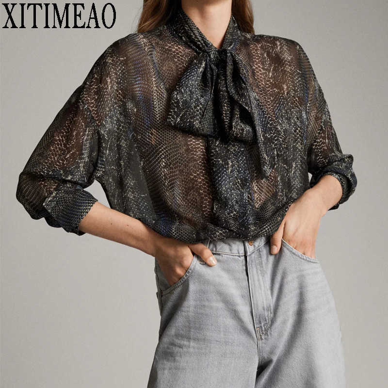 

ZA Print Womens Shirt Vintage Elegant Blouse Women Autumn Long Sleeve Female Tie a Bow Clothes Loose 210604, As picture