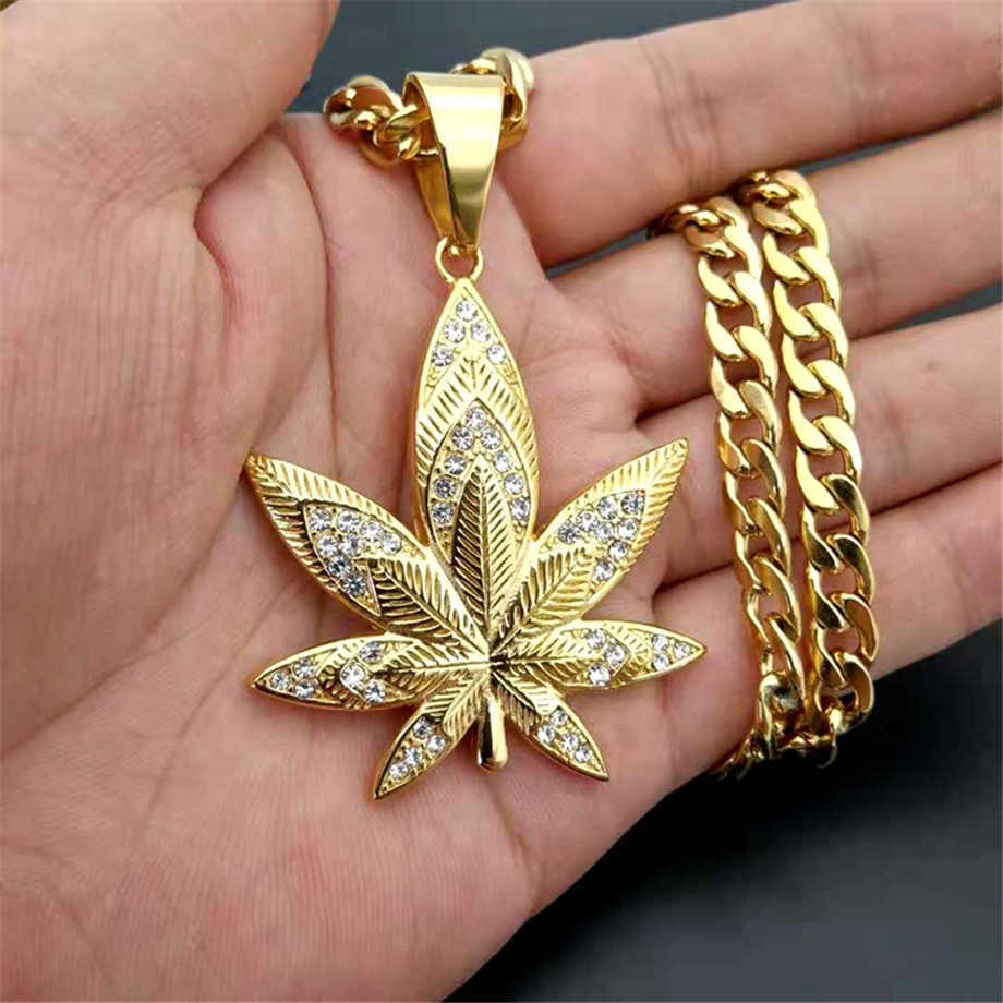 

European Hemp Leaf Pendant Necklaces For Men Gold Color StainlSteel Rhinestones Necklaces Hippie Jewelry Dropshipping X0707
