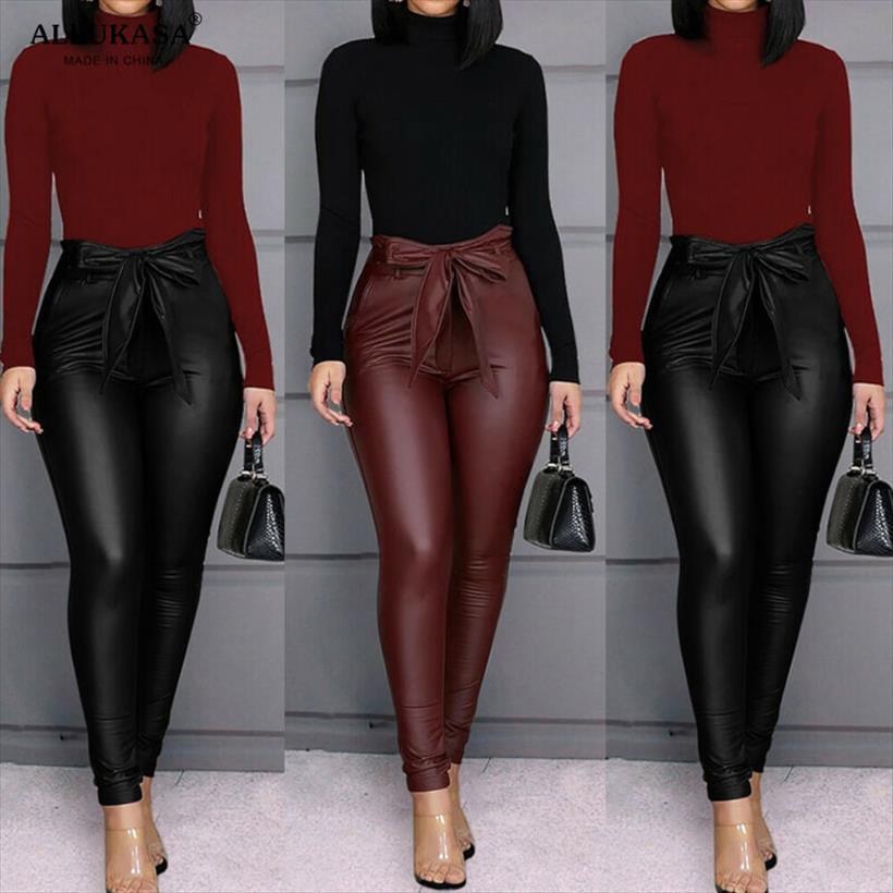 

Tops Belt High Waist Pencil Women Pant Faux Leather Pu Sashes Long Trousers Casual Sexy Exclusive Design Fashion Pants, Black;white
