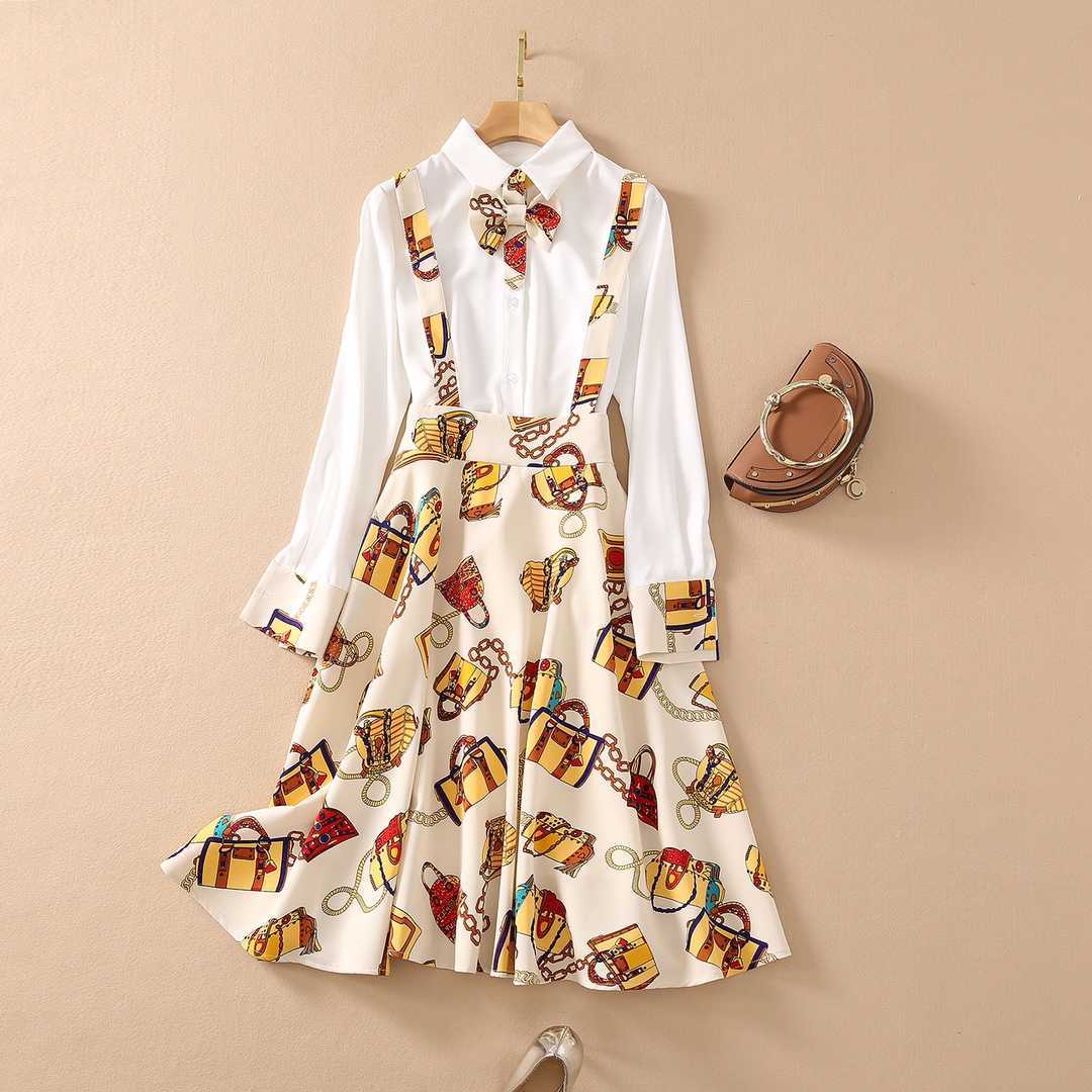 

HIGH QUALITY est Fashion Designer Runway Suit Set Women' Long Sleeve Blouse Shirt Vintage Print Skirt 210526, White