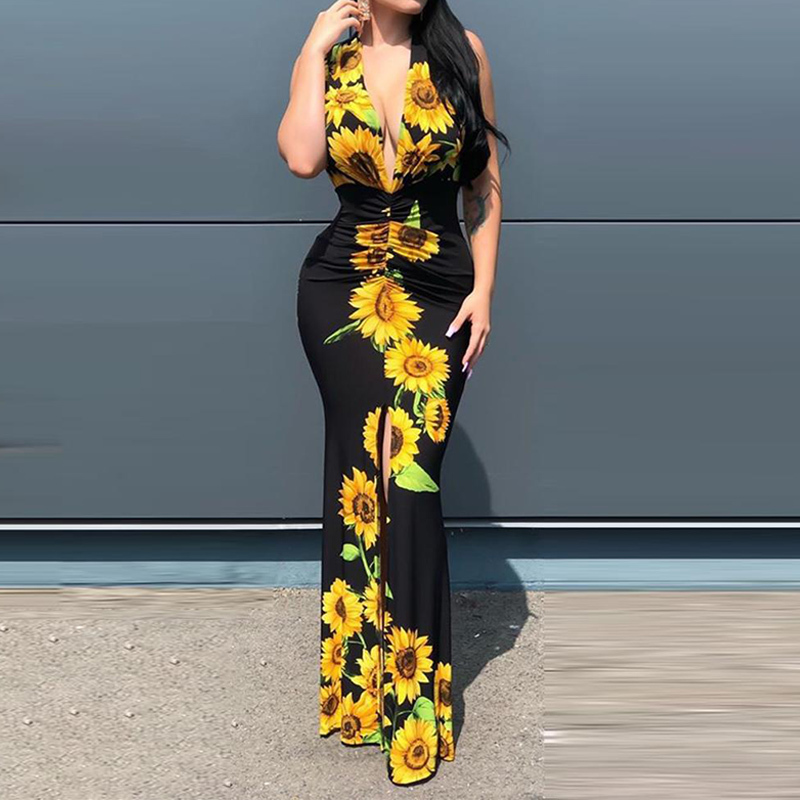 

Elegant Floral Print Beach Long Dress Sexy Women Deep V-neck Split Party Dress Summer Sleeveless Maxi Dress Vestido 210521, Color-a