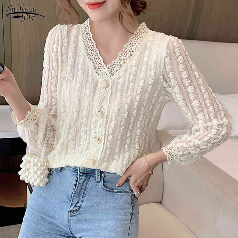 

Korean Style V-neck Lace Hollow Stitching Women Top Autumn Sweet Long Sleeve Blouse Chic Button Clothing Blusas Mujer 12567 210521, Apricot