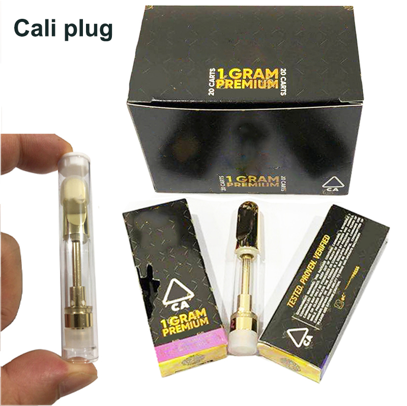 

Cali Plug Vape Carts 0.8ml 1.0ml Ceramic Gold Cartridge Atomizer With Holographic Display Packages 510 Thread Glass Tank Kits