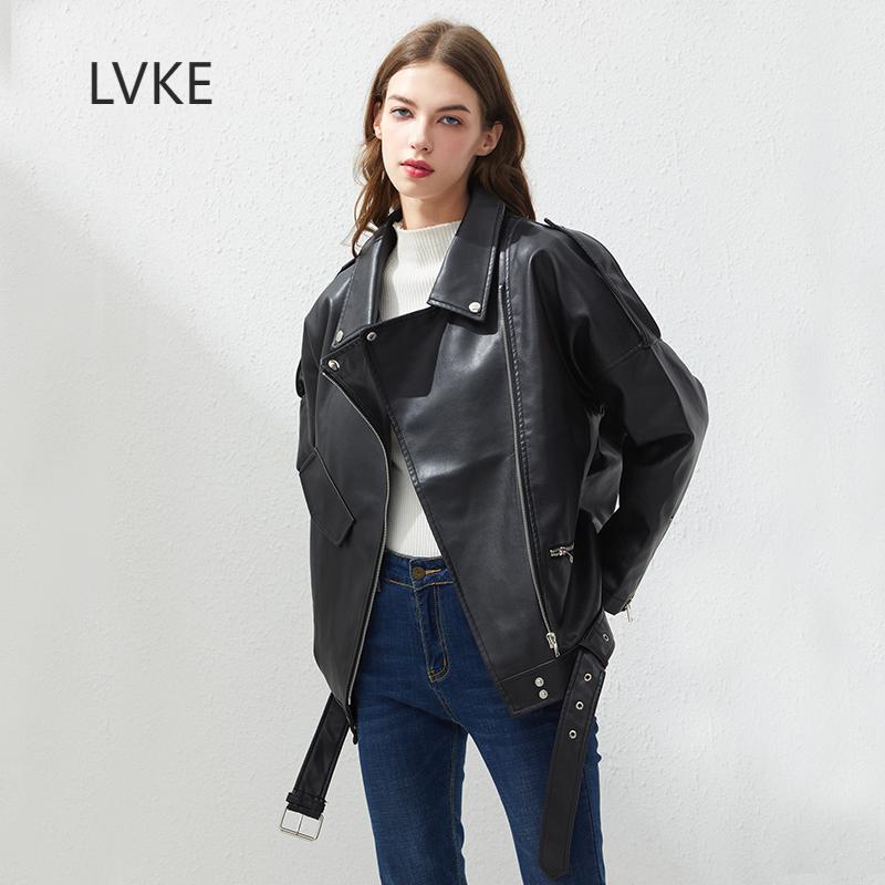 

Women's Leather & Faux LVKE PU Jacket Women Loose Sashes Casual Biker Jackets Outwear Female Tops BF Style Black Coat