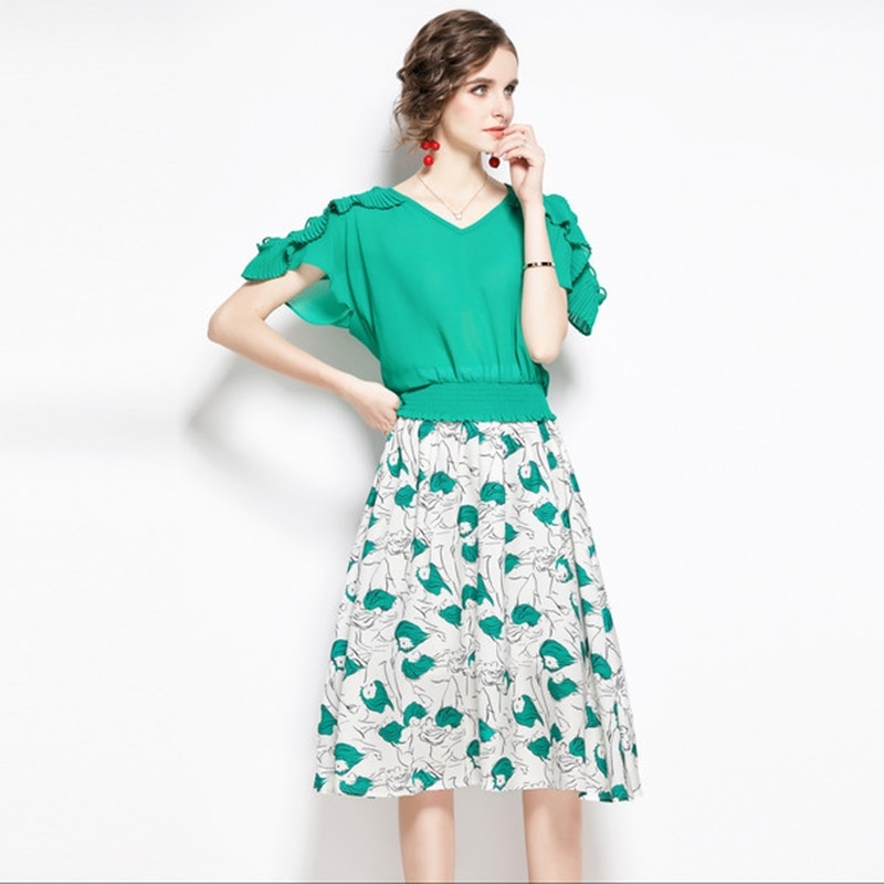 

Women Print Clothing Set Two Piece Elegant Office Work Outfit Ladies V-neck Blouses And Midi Skirt Suit 210525, Green