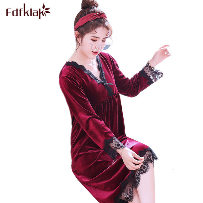 

Fdfklak Casual V-Neck Night Dress Women Gold Velvet Spring Nightgowns Long Sleeve Loose Sleepwear Home Clothes Sexy Nightwear, Purple