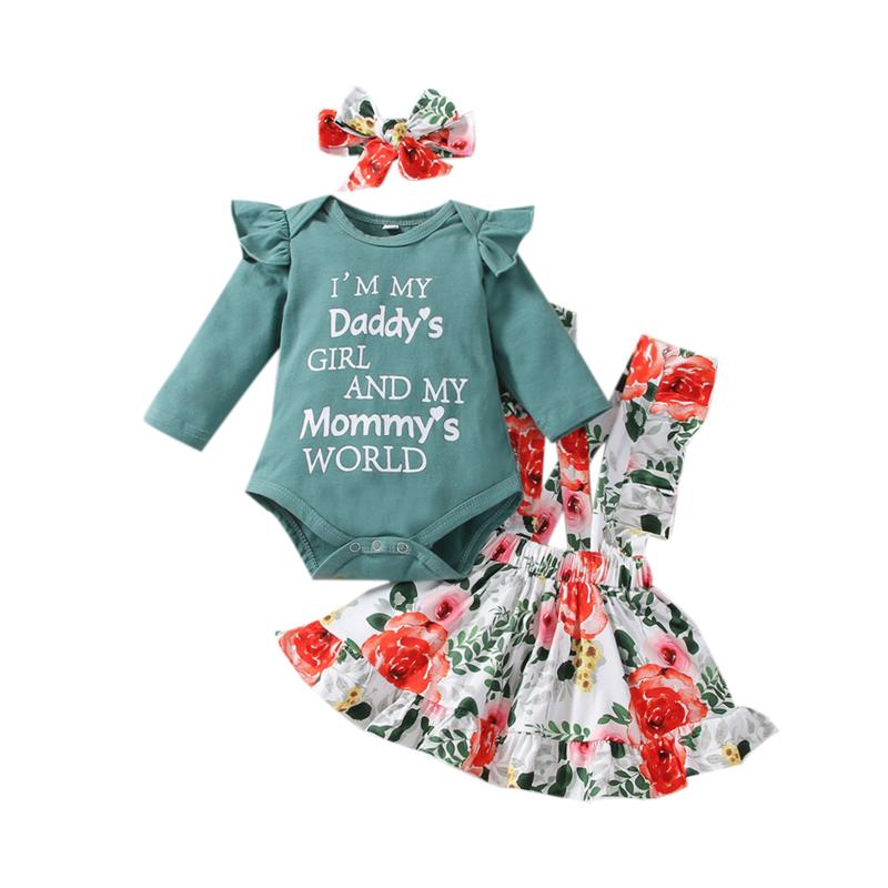 

Clothing Sets Baby Girl\\u2021s Three Piece Suit Unique Letter Long Sleeve Romper And Flower Suspender Skirt Headband Clothes Set, White