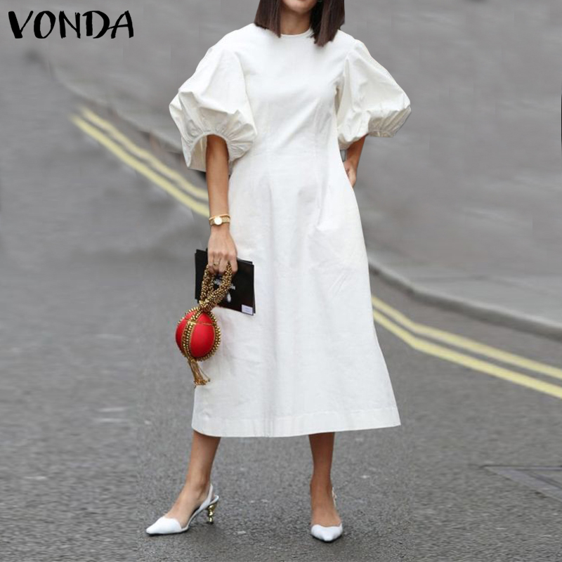 

Fashion Casual Dress 2021 VONDA Woman Summer O Neck Short Lantern Sleeve Dresses Plus Size Bohemian Party Vestidos Femme 5XL, Style 1 white