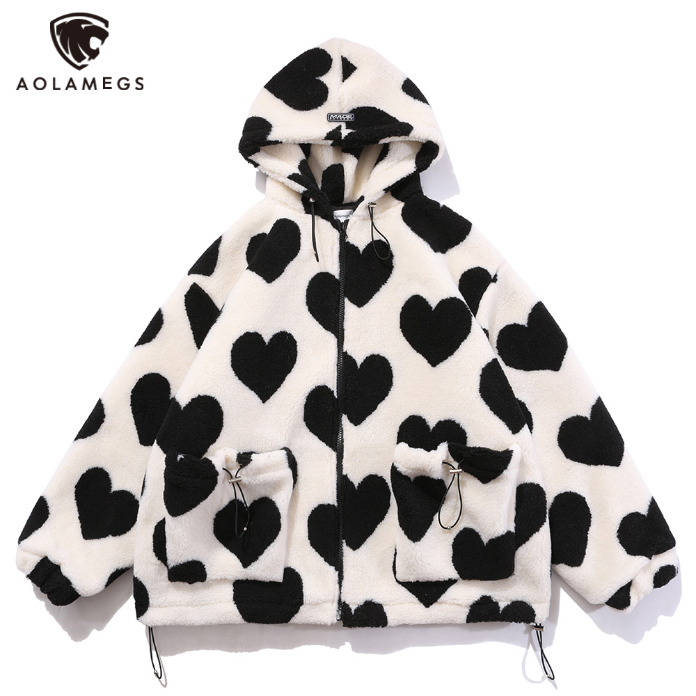 

Aolamegs Cute Heart-shaped Print Lambswool Winter Jaet Men Dstring Poets Zipper Hooded High Street Warm Couple Streetwear, Black