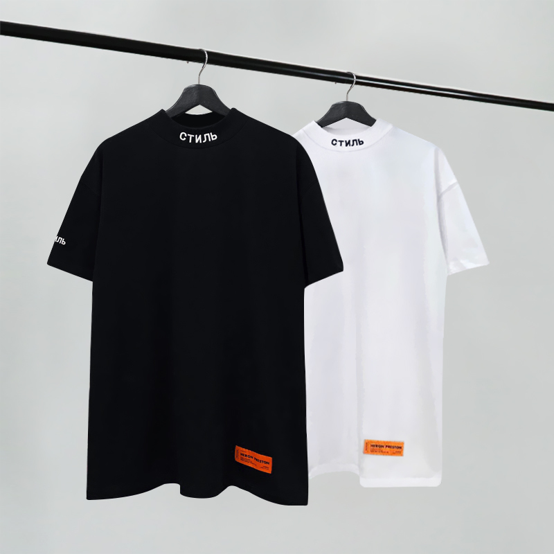 

embroidery Heron HP Preston collar crane half high letter round neck short sleeve T-shirt high street loose base shirt fashion, White;black