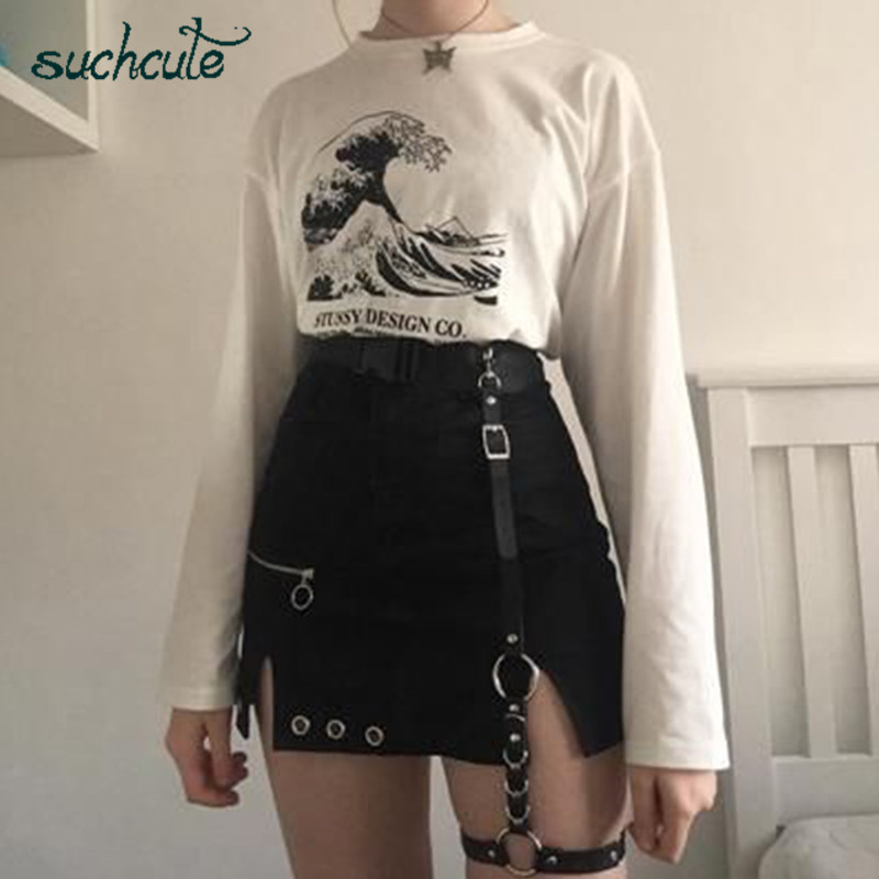 

SUCHCUTE gothic women skirts with metal chain split Modis mini A-line skirt black summer 2021 streetwear female party outfits