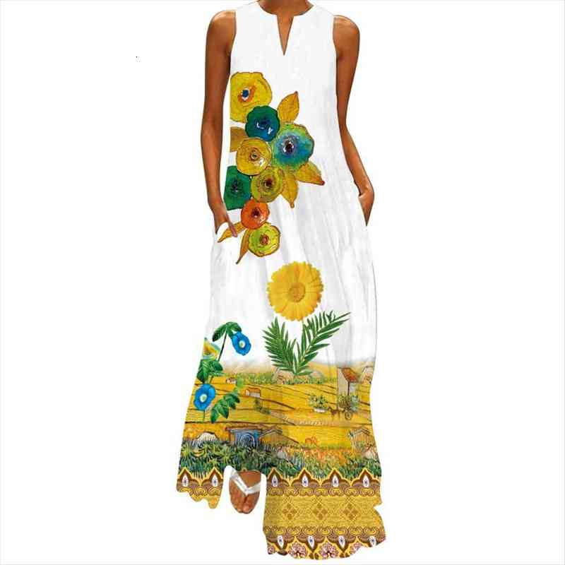 

casual summer print sleeveless pocket womens dresses loose retro plus size floral maxi v neck female long, Black;gray