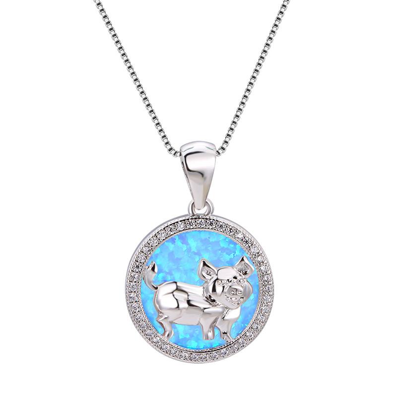 

Pendant Necklaces Unique Female Big Round Pig Pendants Silver Color Wedding For Women White Blue Fire Opal Necklace