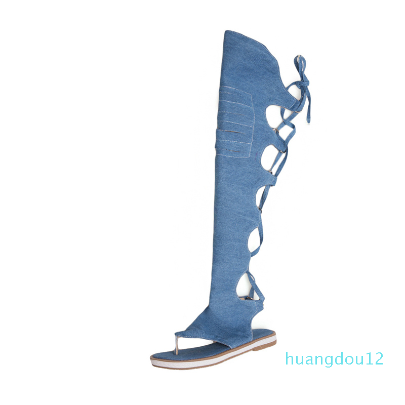 

Designer- Women Sandals Flat Beach Shoes Denim Sandals Lace Up Knee High Gladiator Summer Boots Sexy Fashion Casual Black Blue Beige