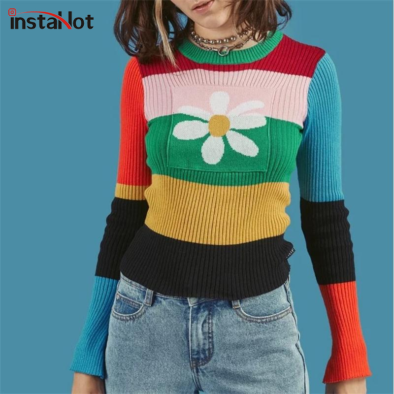 

instastriped rain bow knitted sweater women 2021 autumn flower o neck elastic stretchy sweater cotton multicolor winter, Black