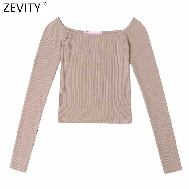 

Zevity Women Sexy Solid Slash Neck Long Sleeve Chic Camis Tank Ladies Knitted Vest Slim T-shirt Casual Crop Tops LS7651 210603, Fhdd ls7651b